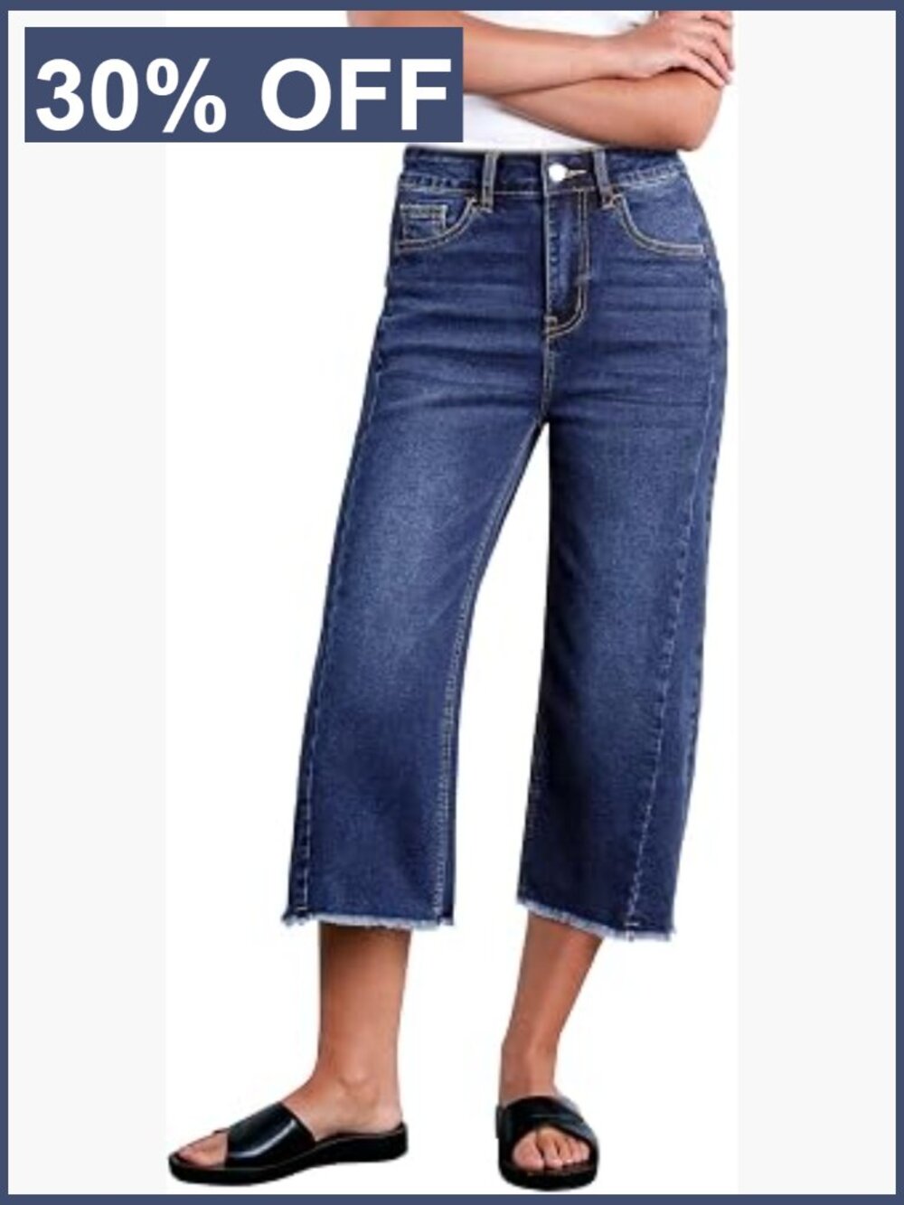 High Waisted Wide Leg Capri Jeans Raw Hem Stretchy Denim